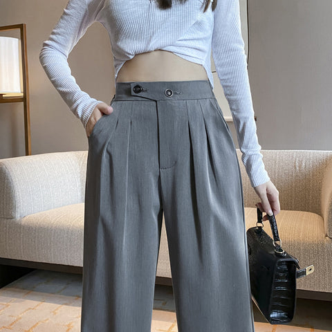 High Waist Drape Loose Straight Casual Slim Wide Leg Trousers