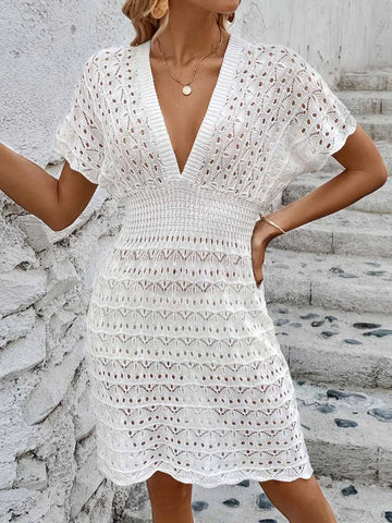 Beach skirt ripple hollow out dress deep V elastic waist