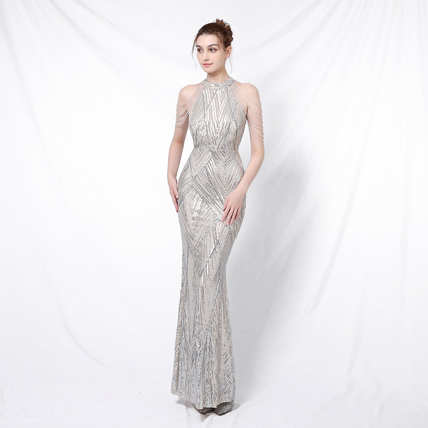 Sequin Fabric Backless Evening Party Dress