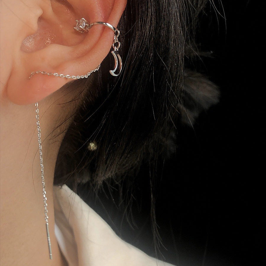 Ins Zircon Long One-piece Tassel Earrings Female Cold Style Flower Stud Earrings Ear Clip