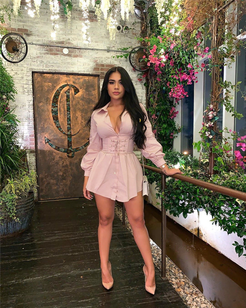 Deep V Skinny Pleated Shirt Dress