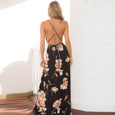 Sleeveless printed low-cut halter strap maxi skirt