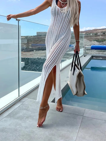Beach cover shirt casual solid color slit backless knitted camisole dress