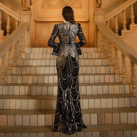 Long Sleeve Slim-fit Sheath Sequined Banquet Fishtail Evening Dress