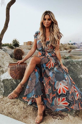 Bohemian maxi skirt with printed short sleeves