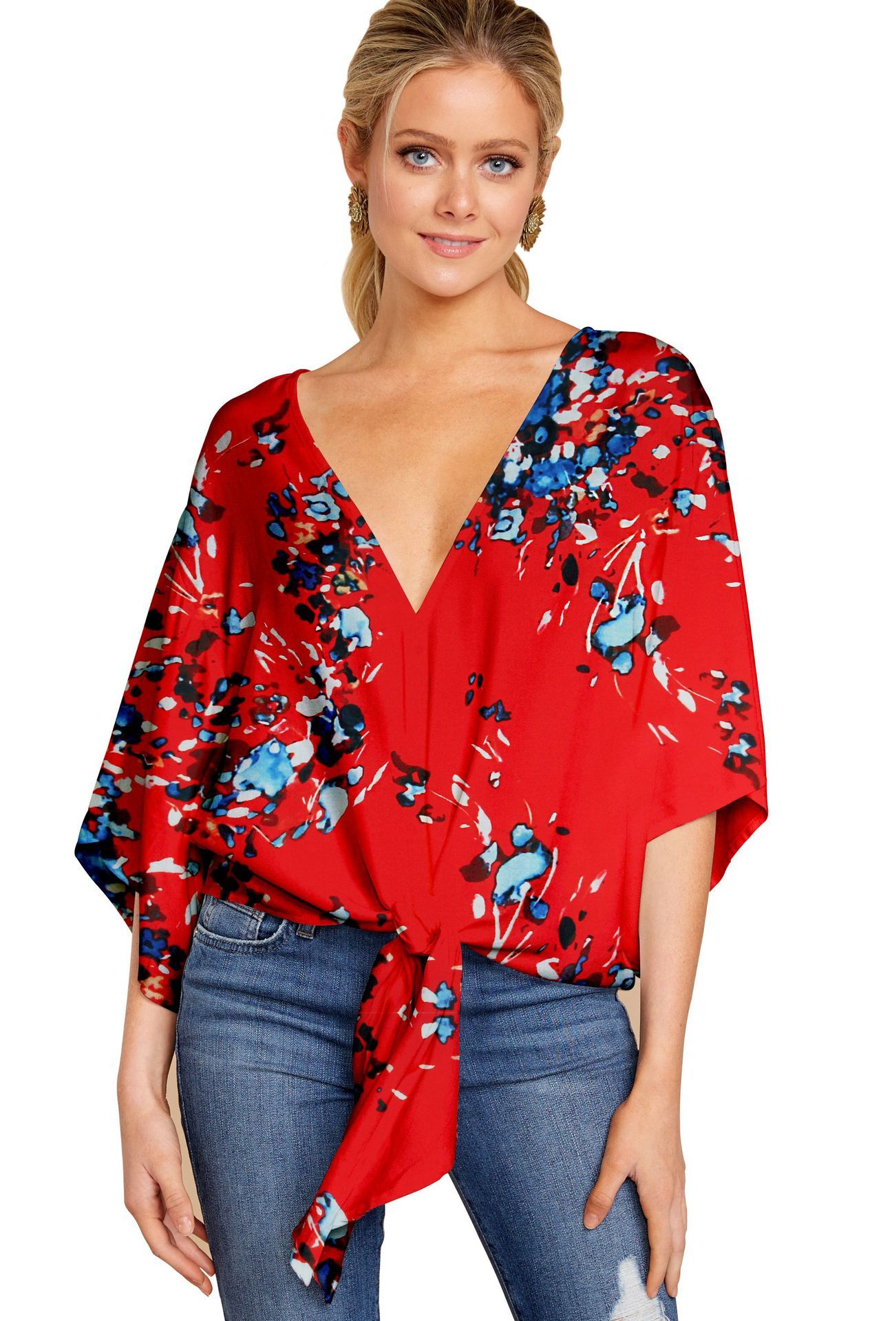 New V Neck Leopard Print Floral Tie Front Blouses