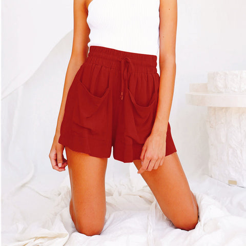 Women's Summer Cotton And Linen Drawstring High Waist Large Size Loose Wide-Leg Shorts