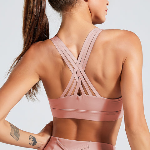 Solid Cross Back Padded Active Crop Tops
