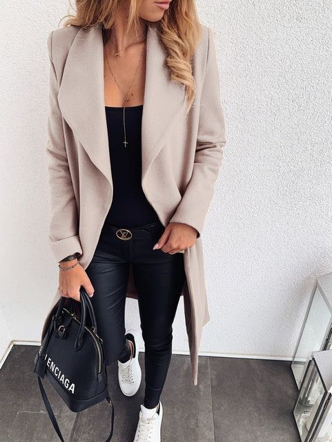 Double Breasted Winter Notched Mid Long Woolen Coat