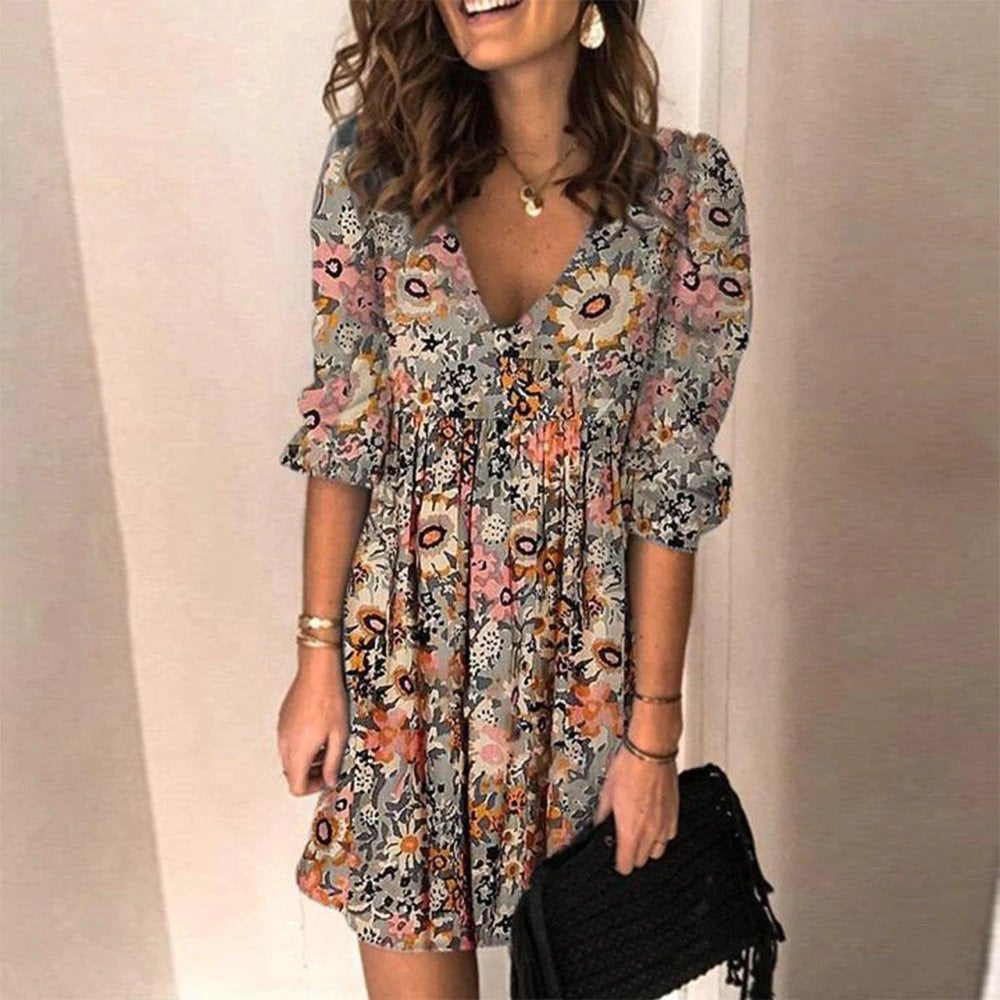 Women's V-neck Printed Loose Midi Dress