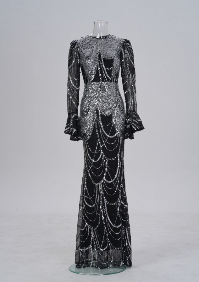 Long Sleeve Slim-fit Sheath Sequined Banquet Fishtail Evening Dress