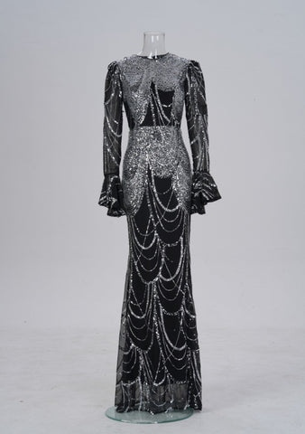 Long Sleeve Slim-fit Sheath Sequined Banquet Fishtail Evening Dress
