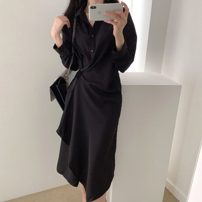 Retro irregular waist shirt dress