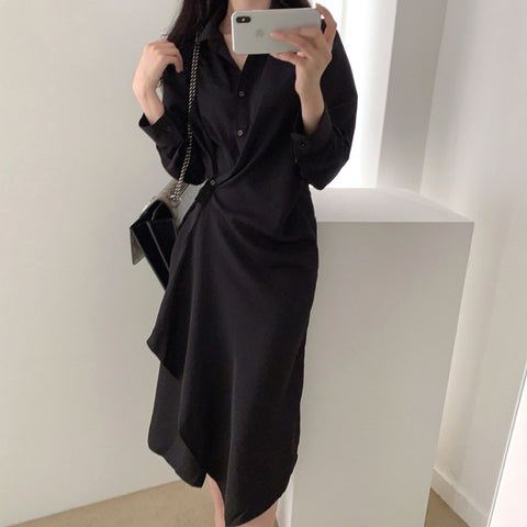 Retro irregular waist shirt dress