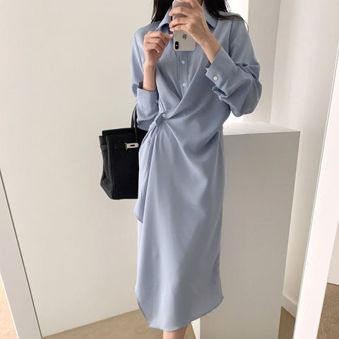 Retro irregular waist shirt dress