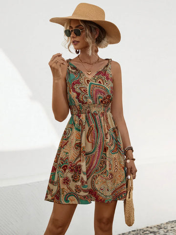 New Boho Style knotted printed drawstring Dress