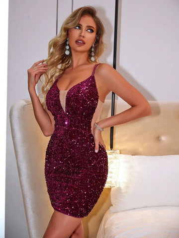 V-neck camisole sequin temperament backless short lace up wrap hip skirt