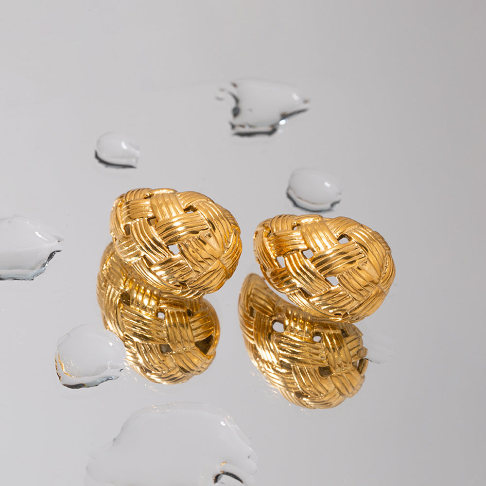 Woven Texture Water Drop Titanium Steel Gold Ear Rings
