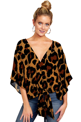 New V Neck Leopard Print Floral Tie Front Blouses