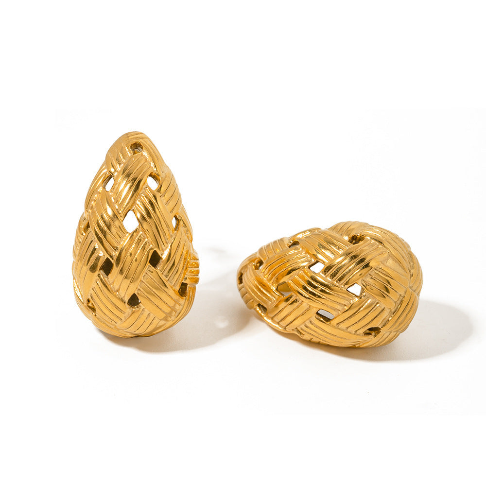 Woven Texture Water Drop Titanium Steel Gold Ear Rings