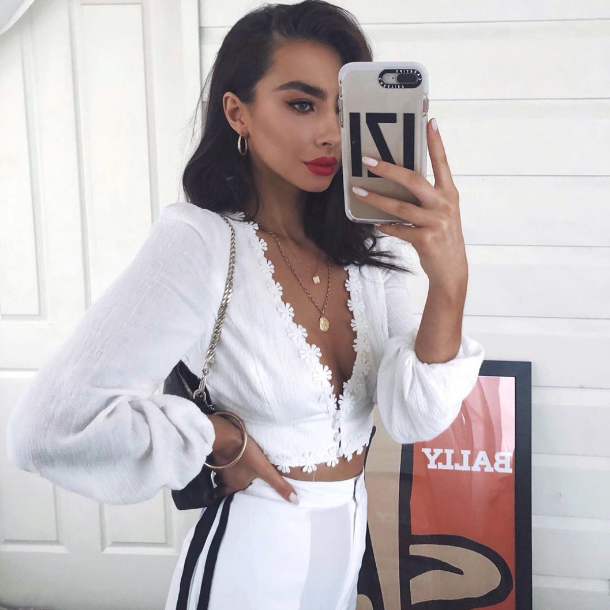 V Neck Cropped Women Tops And Blouses Floral Lace Shirt