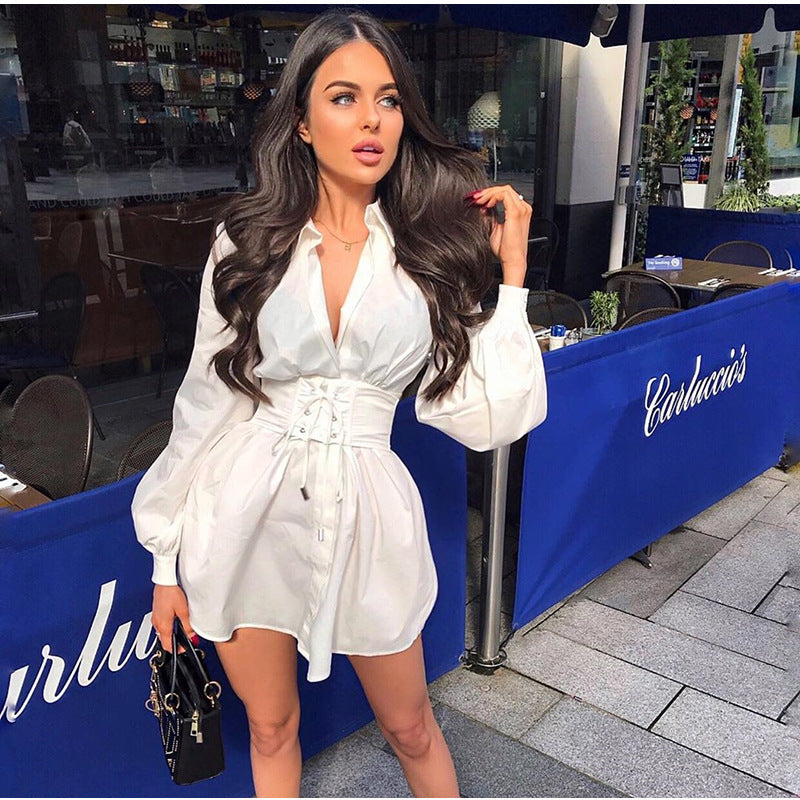 Deep V Skinny Pleated Shirt Dress