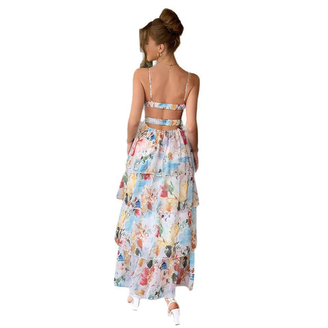 Elegant style suspender printed thousand layer skirt dress