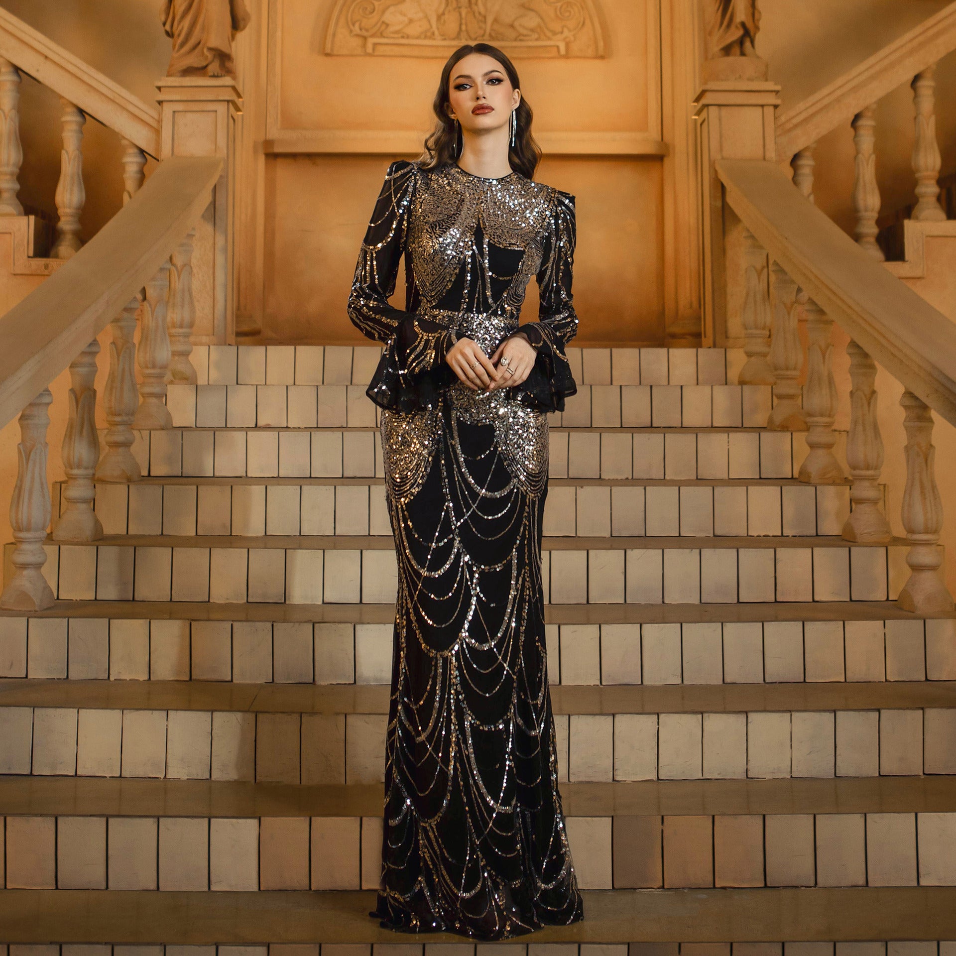 Long Sleeve Slim-fit Sheath Sequined Banquet Fishtail Evening Dress