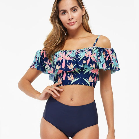 Women's High-waisted Belly Covering Printed Swimsuit Bikini