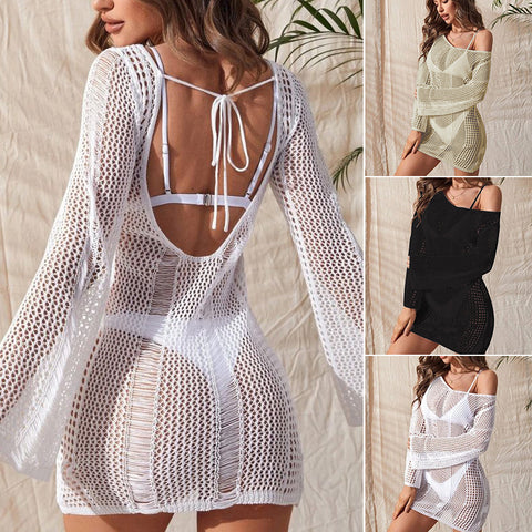Knitted Hollow Backless Sexy Long Sleeve Narrow Bikini Cover up