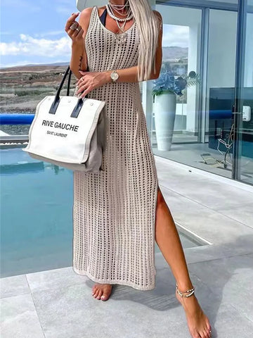 Beach cover shirt casual solid color slit backless knitted camisole dress
