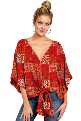 New V Neck Leopard Print Floral Tie Front Blouses