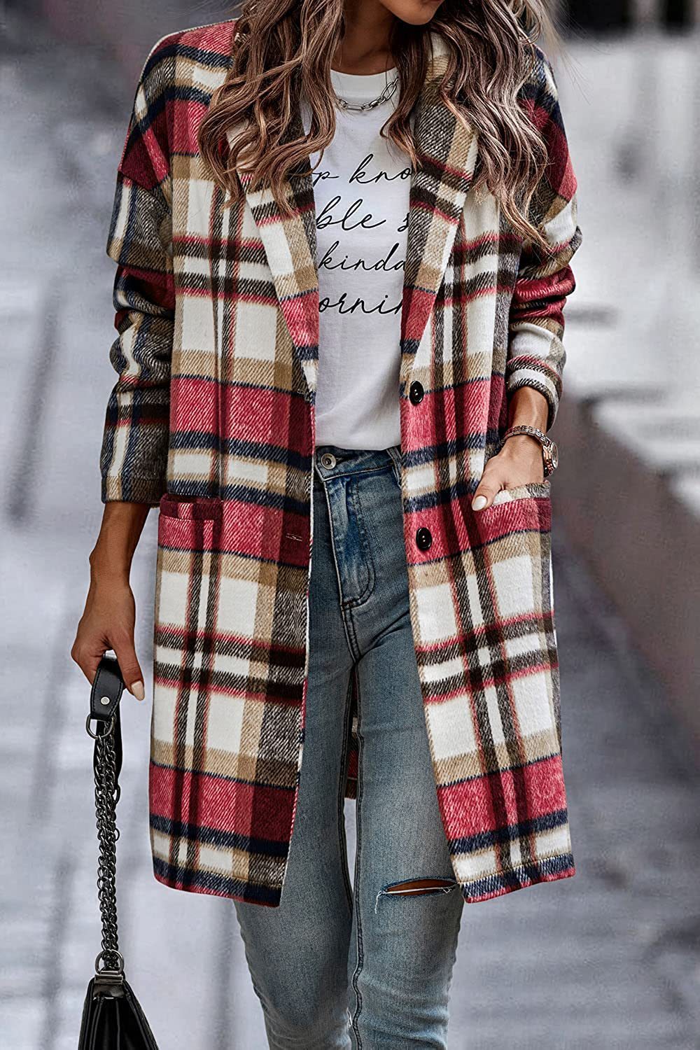 Plaid Woolen Long Jacket With Turndown collars and Pockets