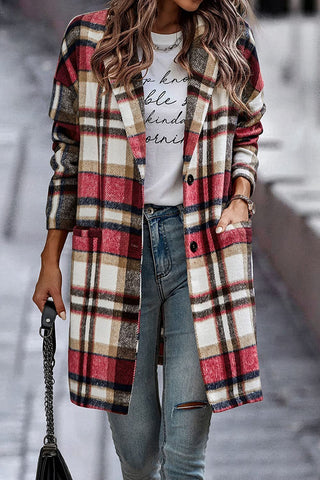 Plaid Woolen Long Jacket With Turndown collars and Pockets