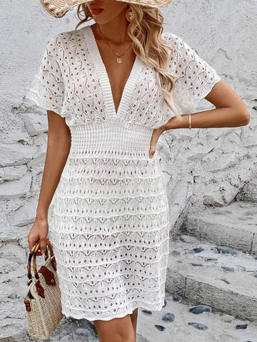 Beach skirt ripple hollow out dress deep V elastic waist