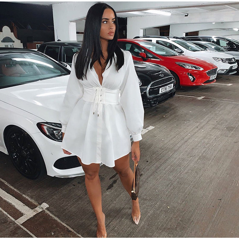 Deep V Skinny Pleated Shirt Dress