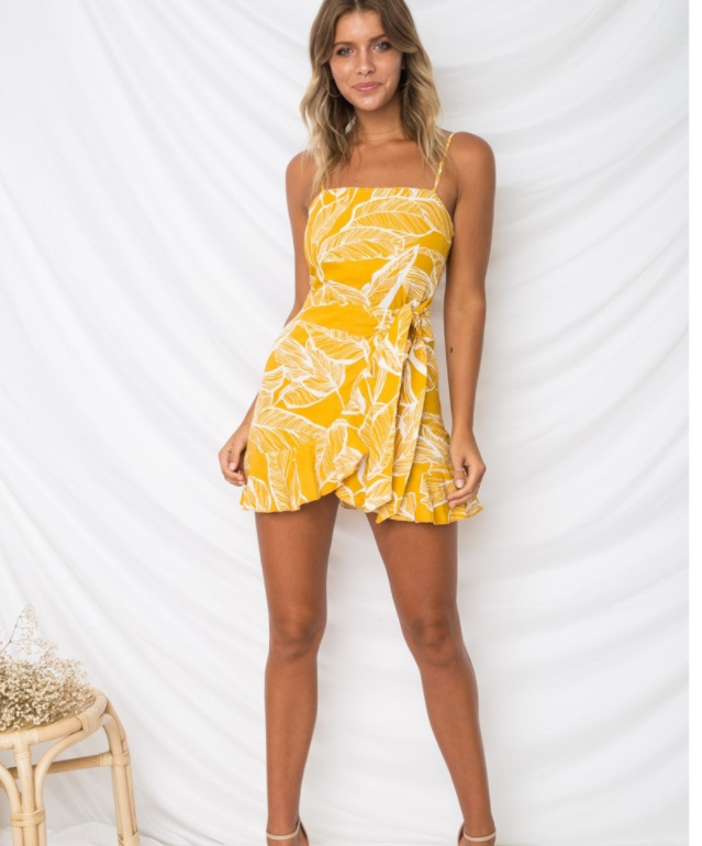 Women's leaf print suspender chiffon dress sexy beach seaside vacation irregular skirt