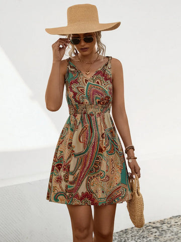 New Boho Style knotted printed drawstring Dress