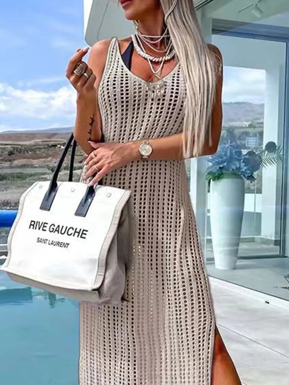 Beach cover shirt casual solid color slit backless knitted camisole dress