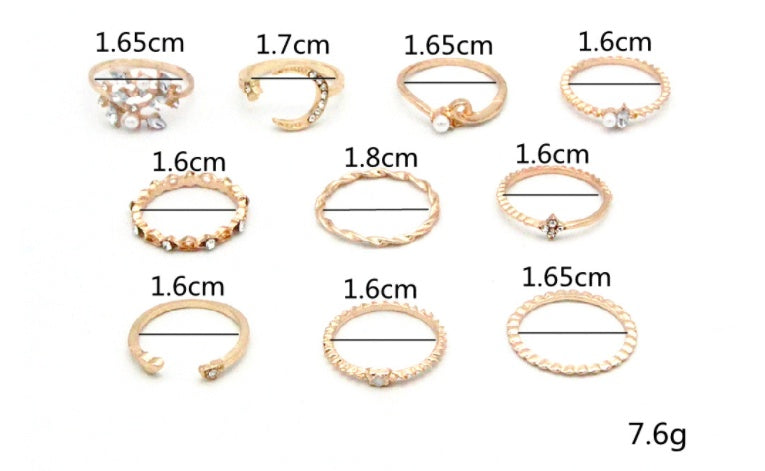 Bohemian Star Moon Love Pearl Leaf 10-Piece Ring