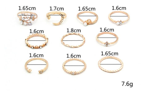Bohemian Star Moon Love Pearl Leaf 10-Piece Ring