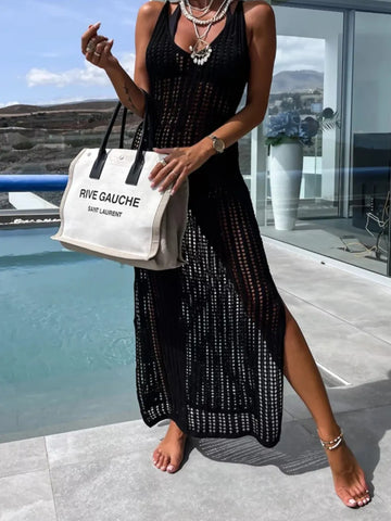 Beach cover shirt casual solid color slit backless knitted camisole dress