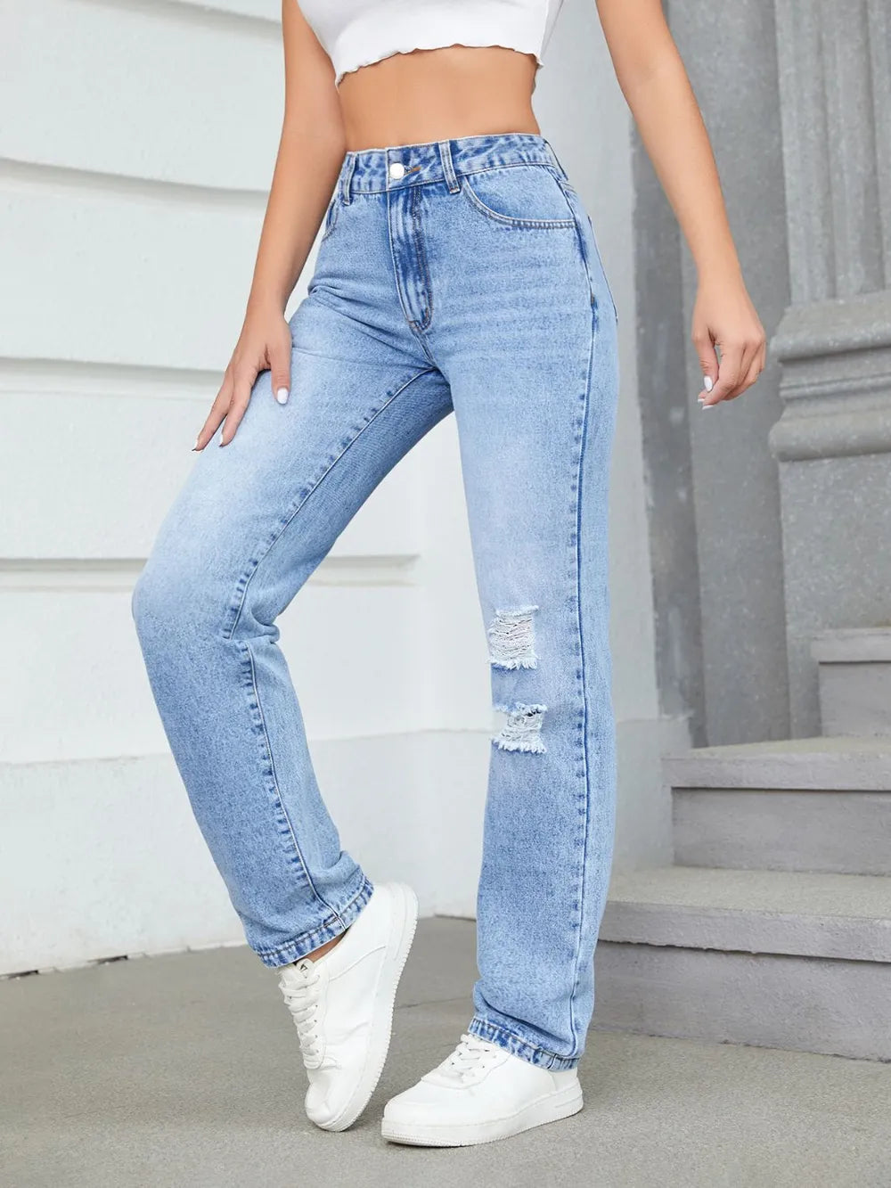 Loose high waisted casual ripped straight leg jeans and pants
