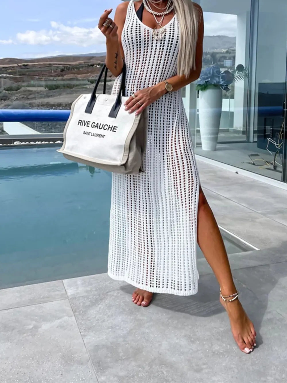 Beach cover shirt casual solid color slit backless knitted camisole dress