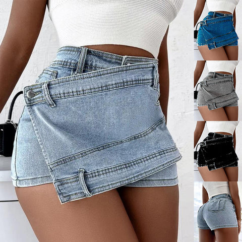 Light blue denim skirt worn by a person on a white background