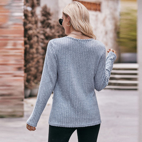 Fast Fashion Simplicity Round Neck Solid Color Buttons Crossover Sleeve Knit Tops