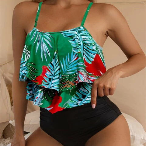 Tropical Print Ruched High Waisted Tankini Summer Beach