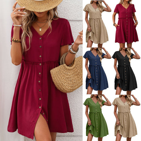Women's Bohemian vacation V-neck short sleeved ruffled dress for women