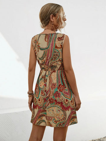 New Boho Style knotted printed drawstring Dress