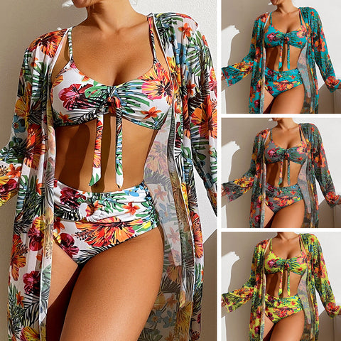 Long Sleeved Blouse Three Piece High Waist Swim Suit